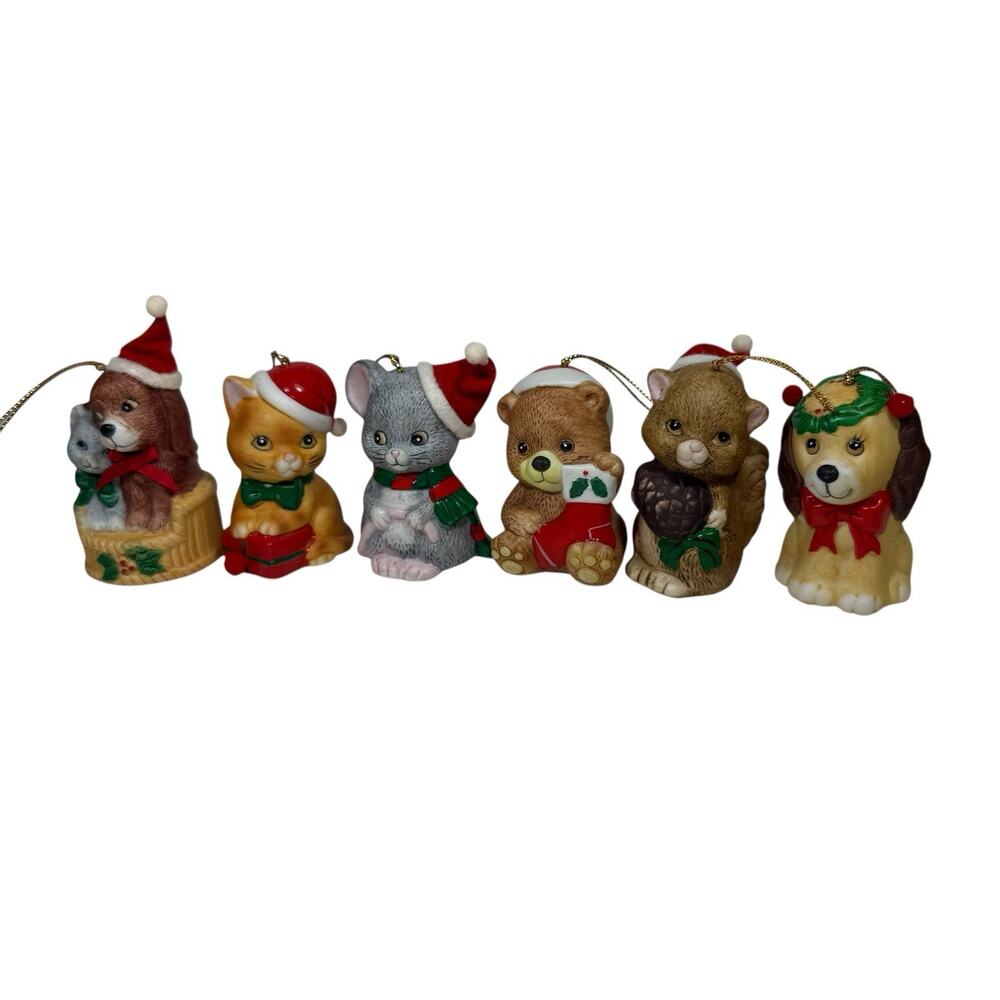 Christmas Ornament Holiday Friend Hanging Porcelain Bell Vtg JSNY Set 6 Animals